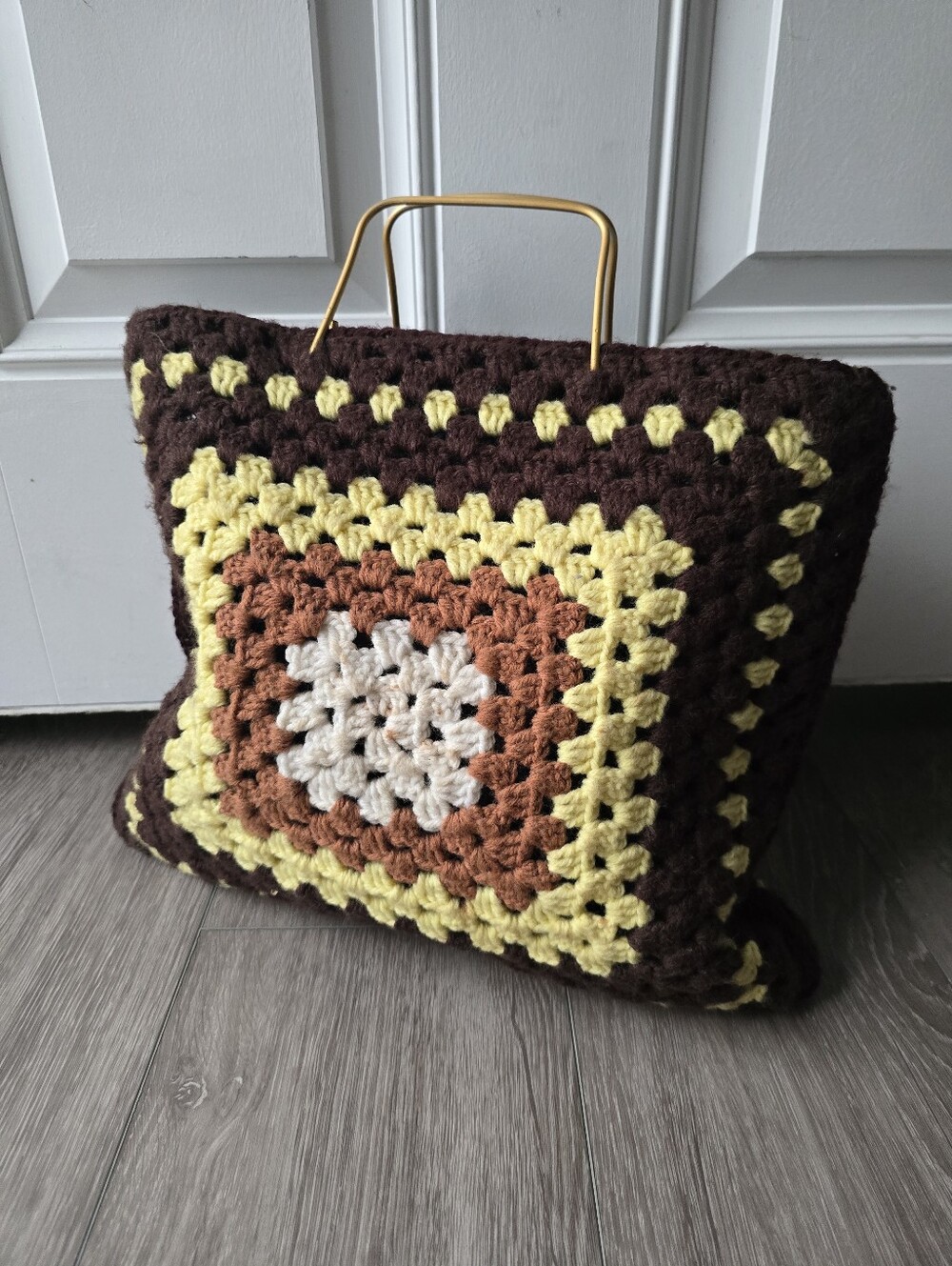 Vintage Granny Square Crochet Tote Bag Gold Metal Handles Brown Yellow Retro Mod